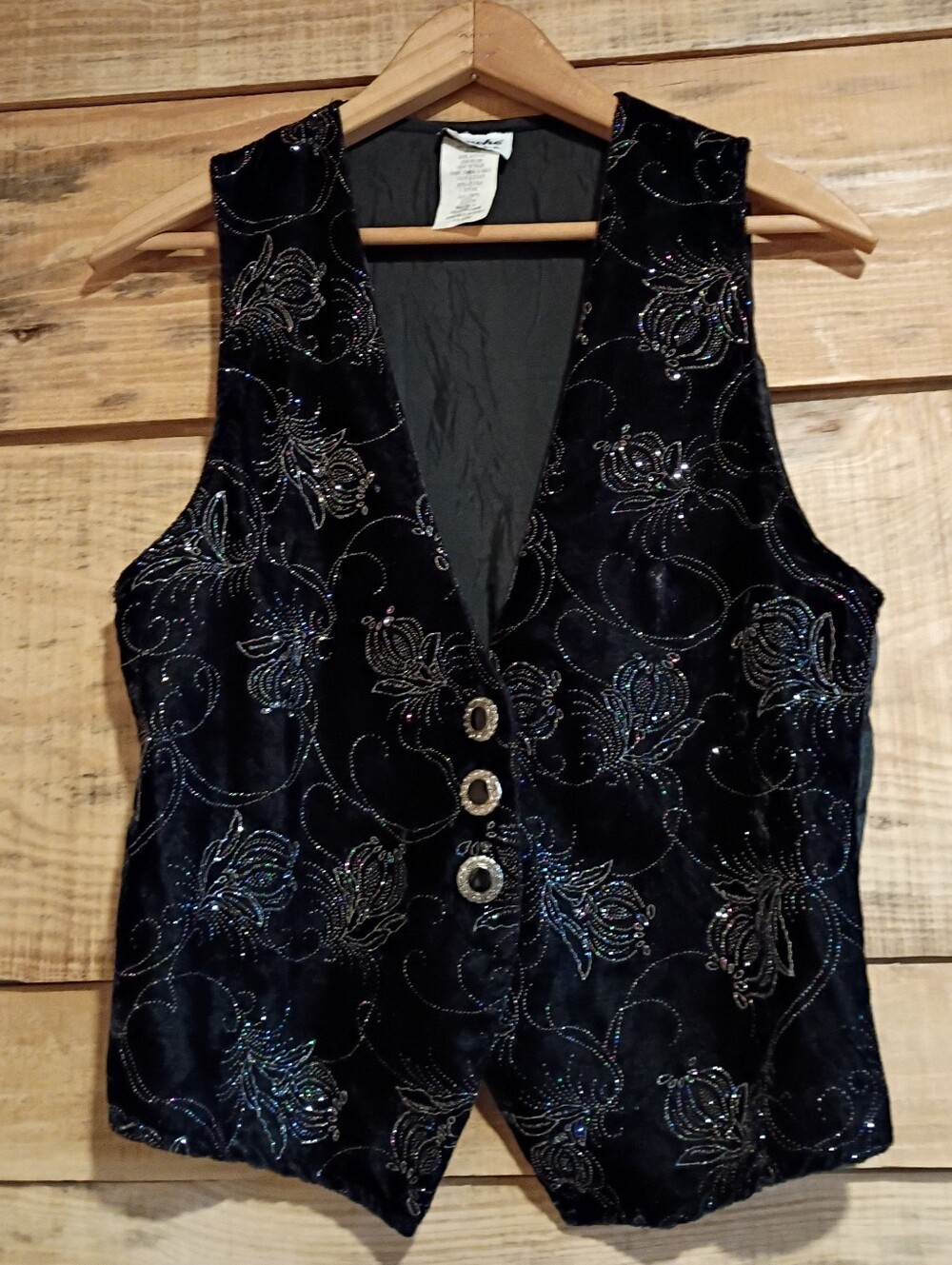 Women's Vintage Whimsigoth 90s Black Velvet Sparkly Beaded Vest Fairy Rhinestone
